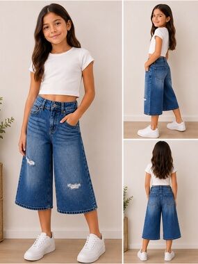 Weekend Academy Girls 8 Wide Leg Denim Jeans NWT Distressed Medium Wash